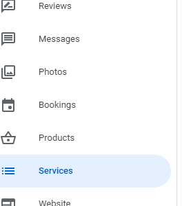 GMB image showing products and services on the menu of GMB management screen. 